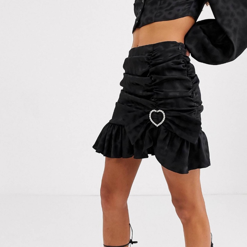 Black Ruched Mini Skirt with Rhinestone Buckle